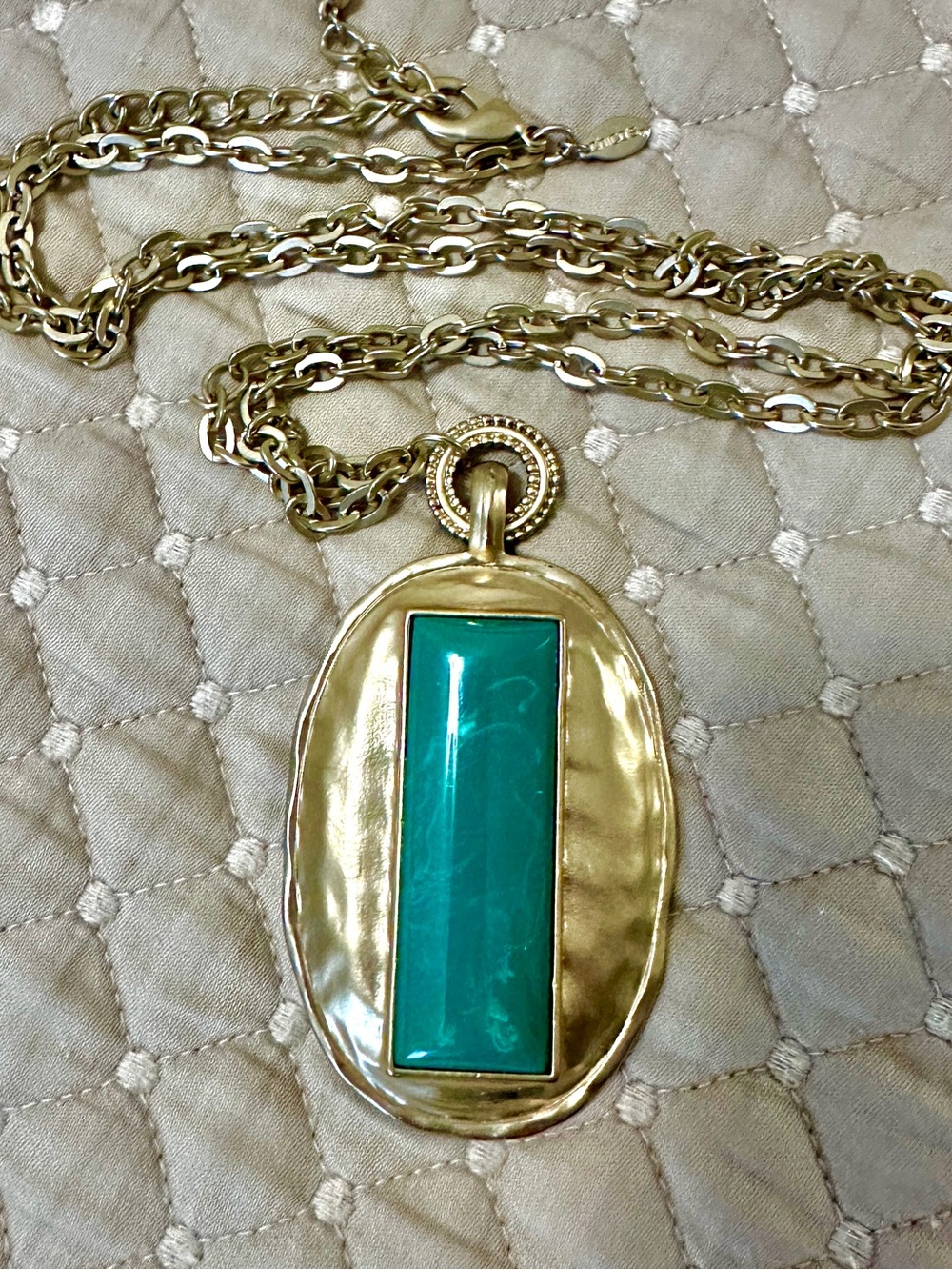 Chicos statement vintage hammered  -gold and green oval necklace.